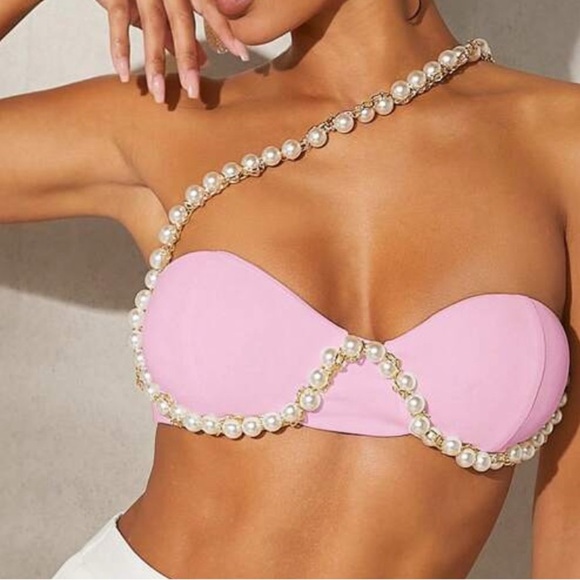 Pink Pearl-Embellished Women's Swim Top (I) - Picture 1 of 4